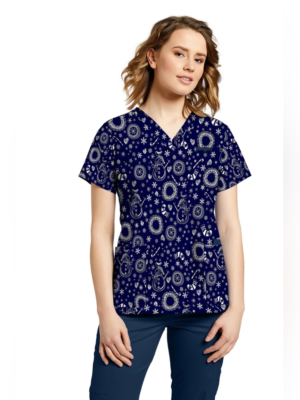 White Cross Navy Holiday Print Snowman Scrub Top Size Small